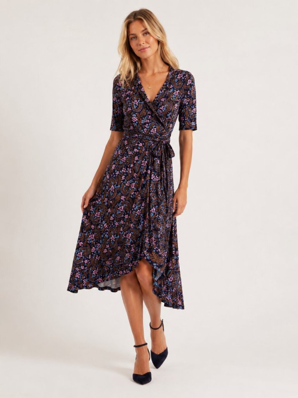 Boden Navy Multi Floral Asymmetrical Hem Wrap Midi Dress 6R 8677